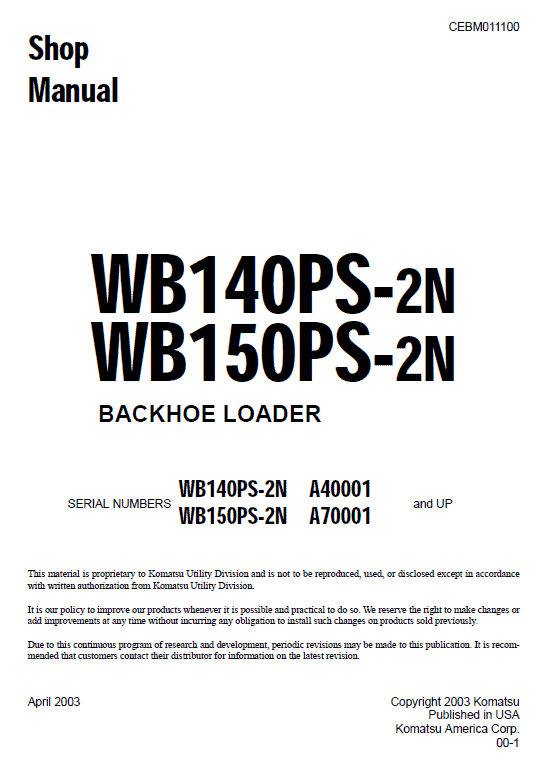 Komatsu WB140PS-2N and WB150PS-2N Backhoe Loader Service Manual